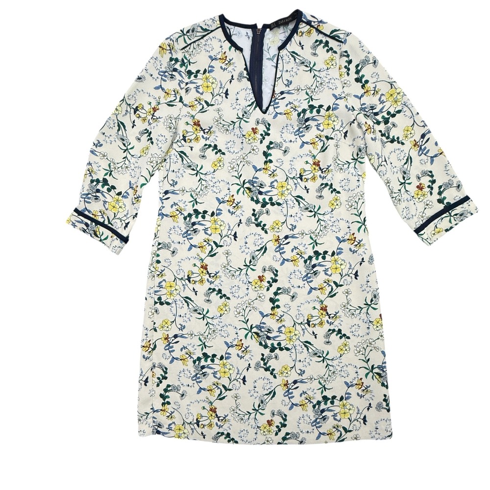 Zara‎ Basic Dress Women's Medium Cream Floral Print 3/4 Sleeve Shift Dress Retro